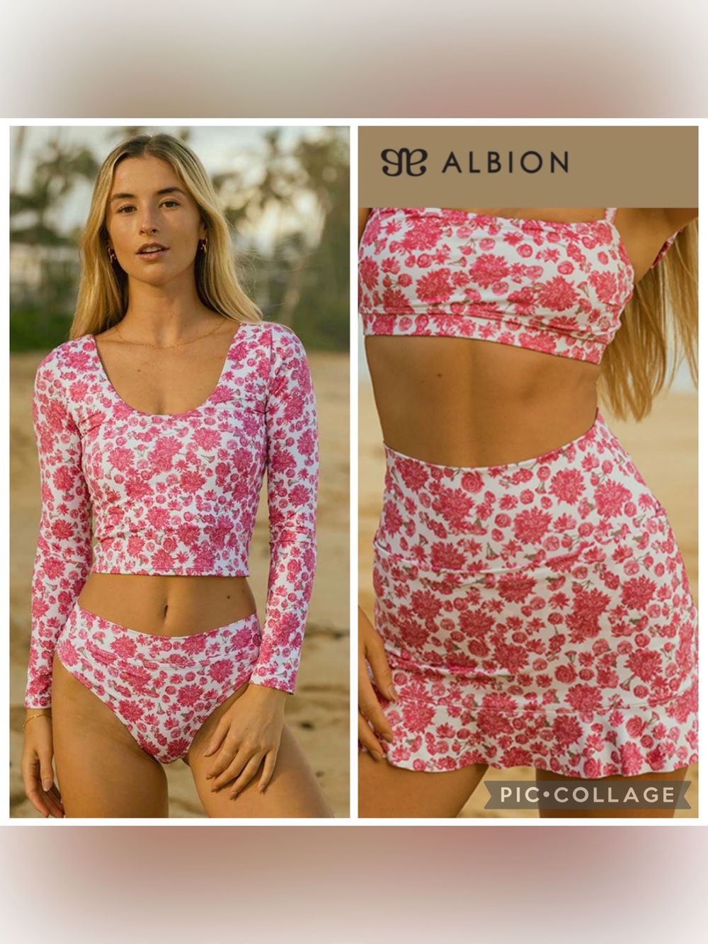 Albion Athena High Waisted Skirt and Long Sleeve Pink Floral Two-Piece Swim Set